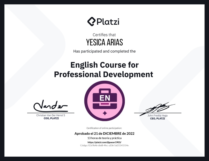 Diploma del Curso en Inglés para el Desarrollo Profesional