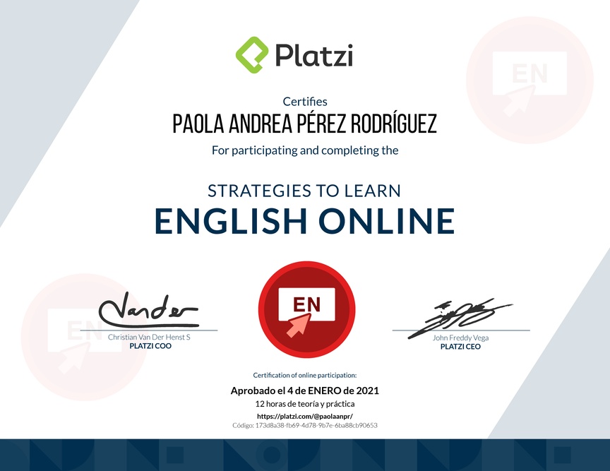 Diploma del Curso de Estrategias para Aprender Inglés Online 2020