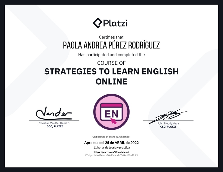 Diploma del Curso Gratis de Estrategias para Aprender Inglés en Línea