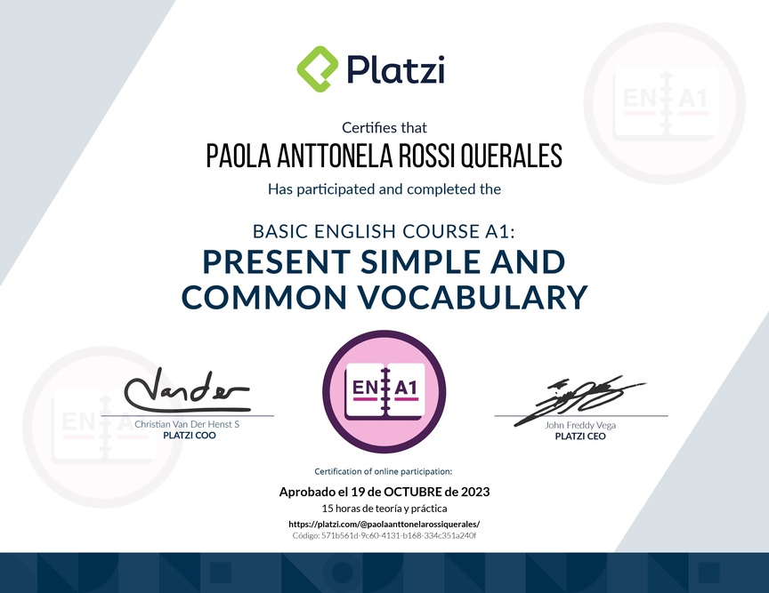 Diploma del Curso de Inglés Básico A1: Presente Simple y Vocabulario Común (2021)