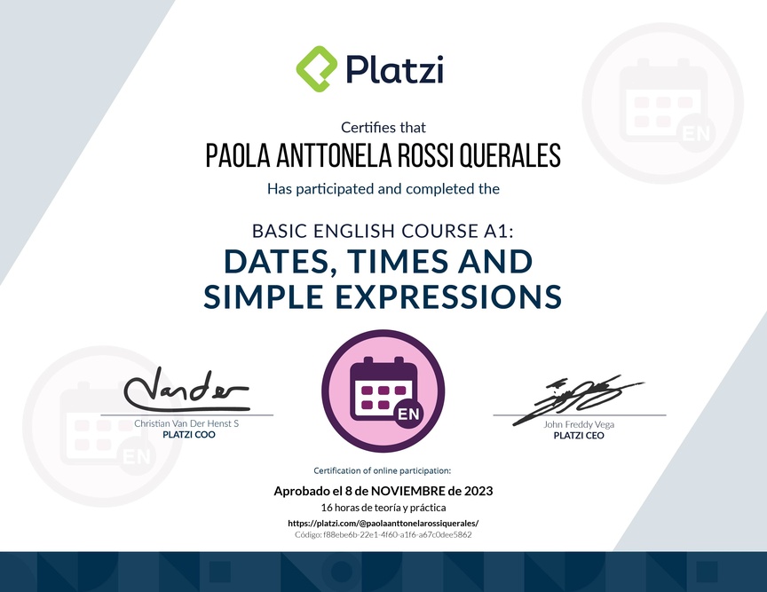 Diploma del Curso de Inglés Básico A1: Fechas, Horas y Expresiones Simples