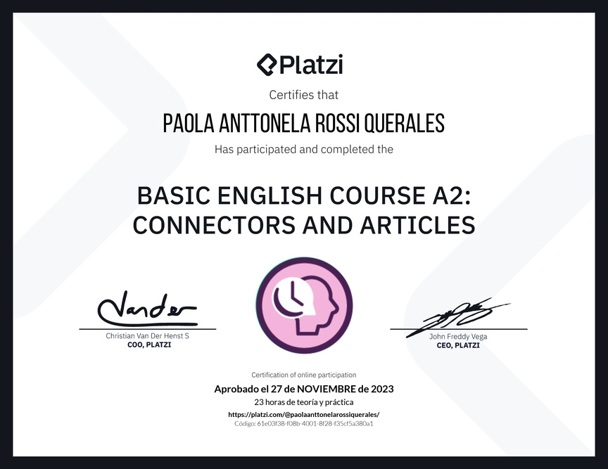 Diploma del Curso de Inglés Básico A2: Conectores y Artículos