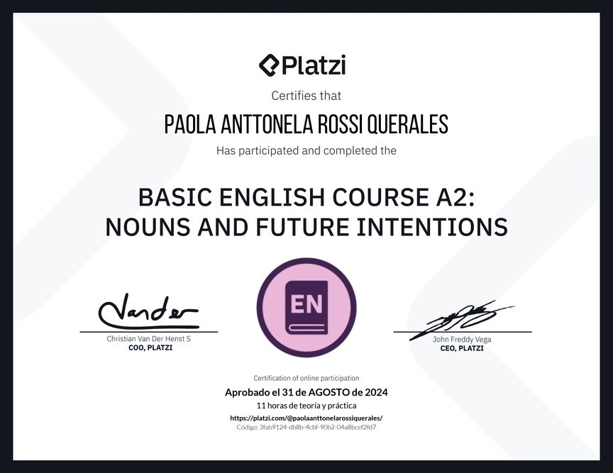 Diploma del Curso de Inglés Básico A2: Sustantivos e Intenciones Futuras