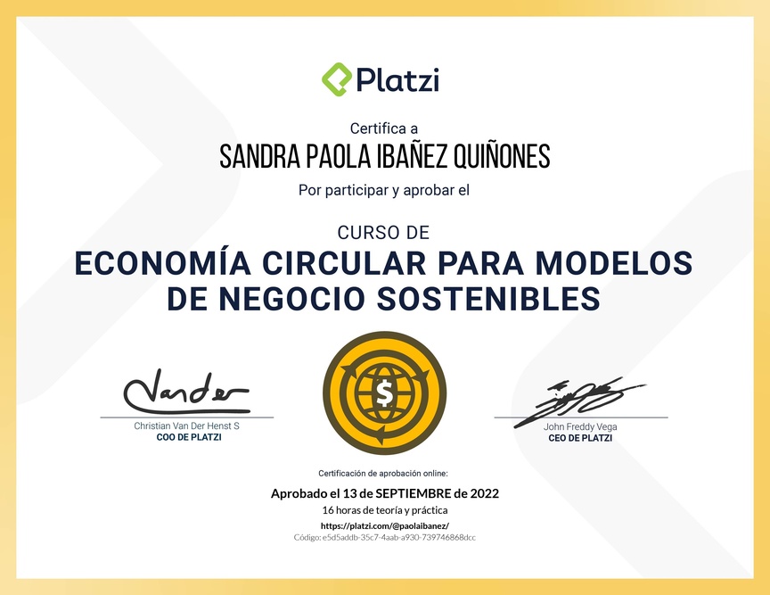 Diploma del Curso de Economía Circular para Modelos de Negocio Sostenibles