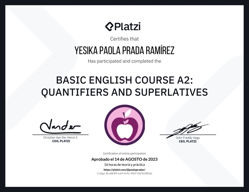 Diploma del Curso de Inglés Básico A2: Cuantificadores y Superlativos