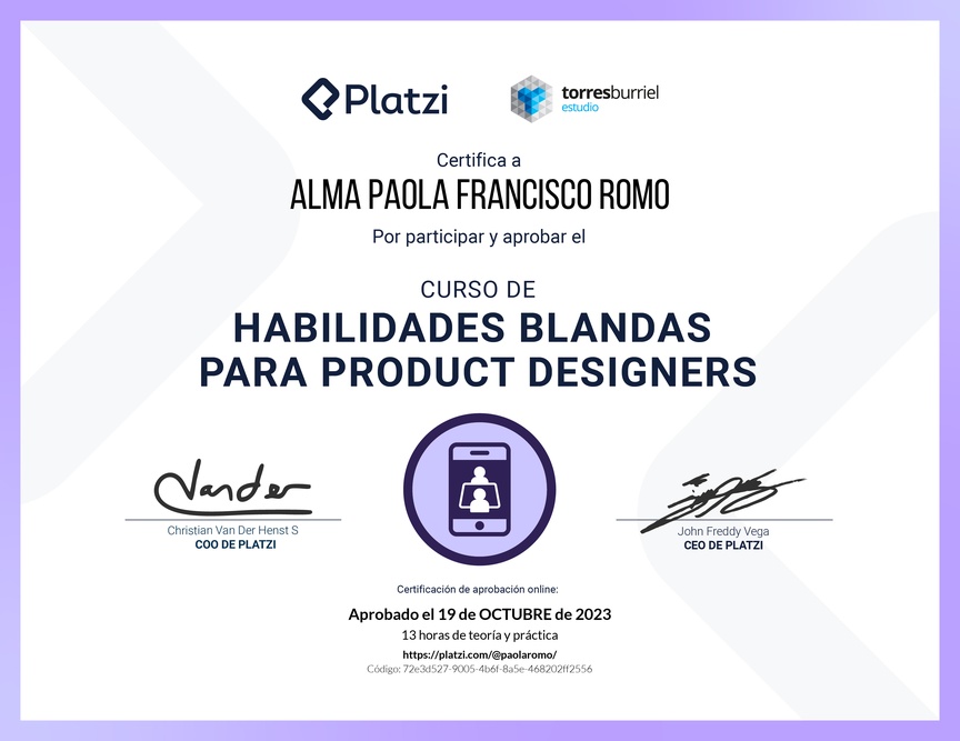 Diploma del Curso de Habilidades Blandas para Product Designers