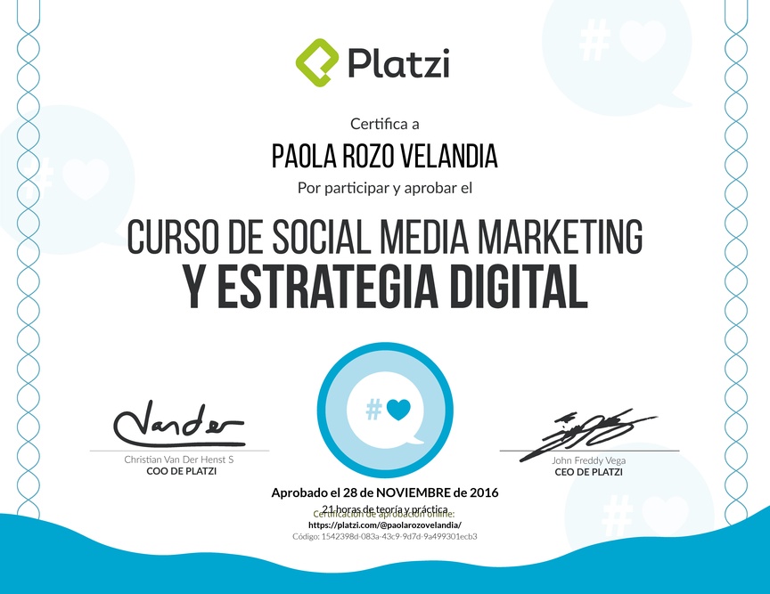 Diploma del Curso de Social Media Marketing y Estrategia Digital 2016