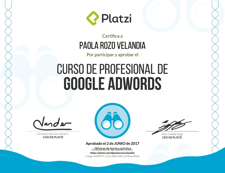 Diploma del Curso Profesional de Google AdWords 2016