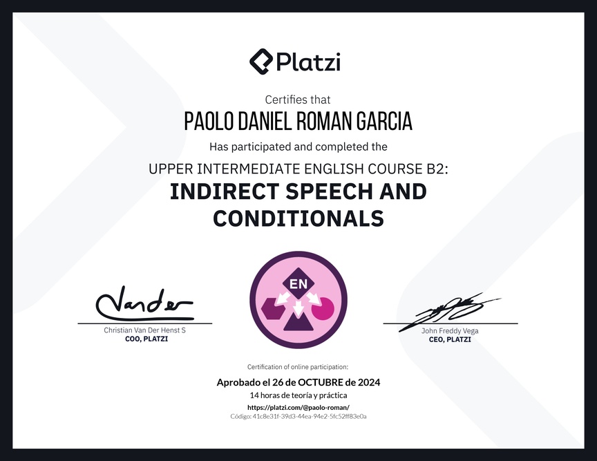Diploma del Curso de Inglés Intermedio Alto B2: Discurso Indirecto y Condicionales