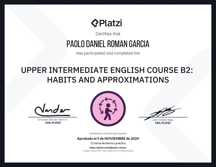 Diploma del Curso de Inglés Intermedio Alto B2: Hábitos y Aproximaciones