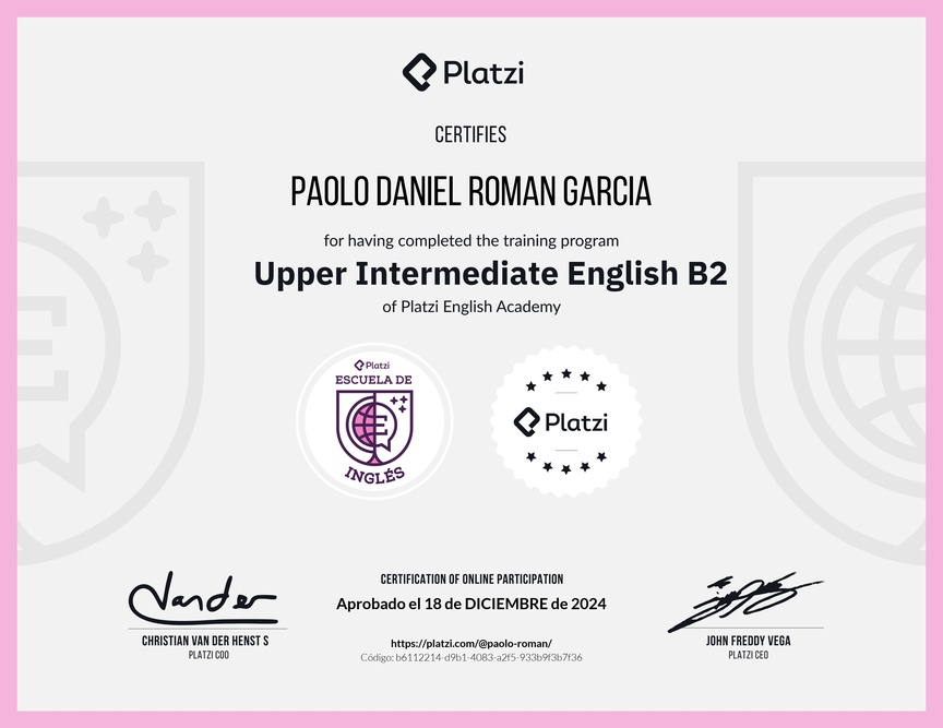 Diploma de la Ruta de Aprendizaje de Inglés Intermedio Alto B2