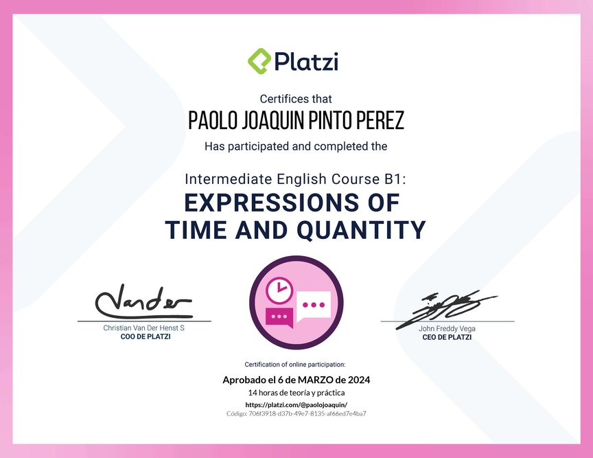 Diploma del Curso de Inglés Intermedio B1: Expresiones de Tiempo y Cantidad