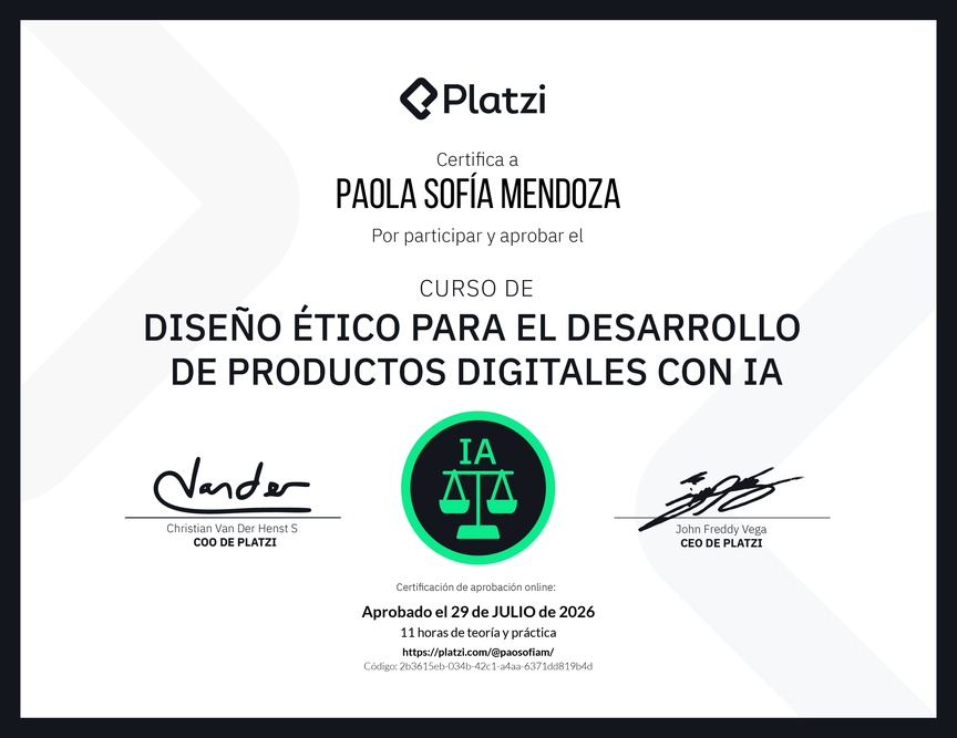 Diploma del Curso de Diseño Ético para el Desarrollo de Productos Digitales con IA