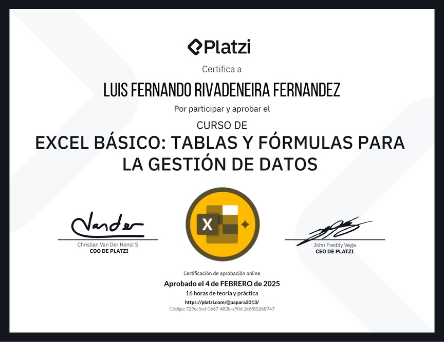 Diploma del Curso de Excel Básico: Tablas y Fórmulas para la Gestión de Datos