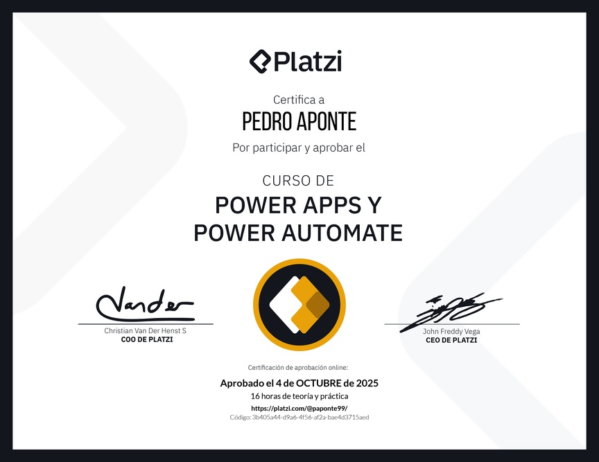 Diploma del Curso de Power Apps y Power Automate