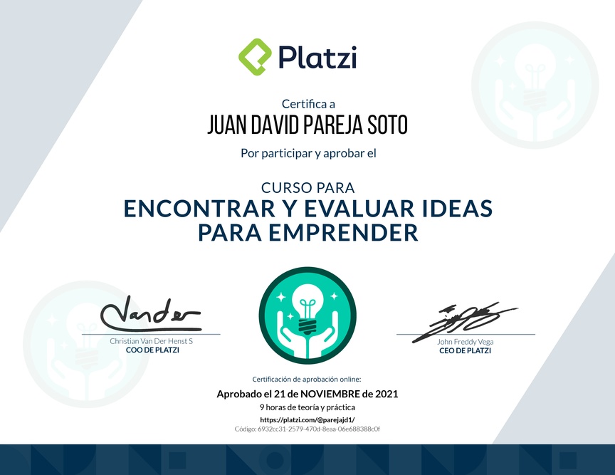 Diploma del Curso para Encontrar y Evaluar Ideas para Emprender