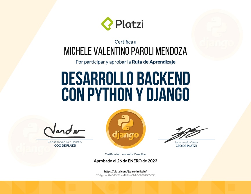 Diploma de la Ruta de Aprendizaje de Desarrollo Backend con Python y Django