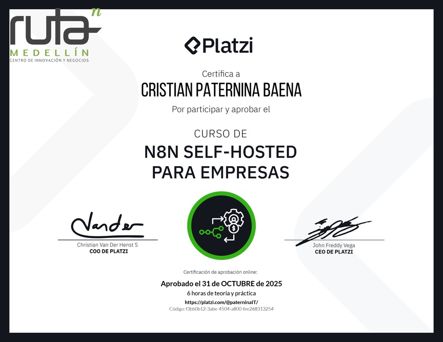 Diploma del Curso de n8n Self-Hosted para Empresas