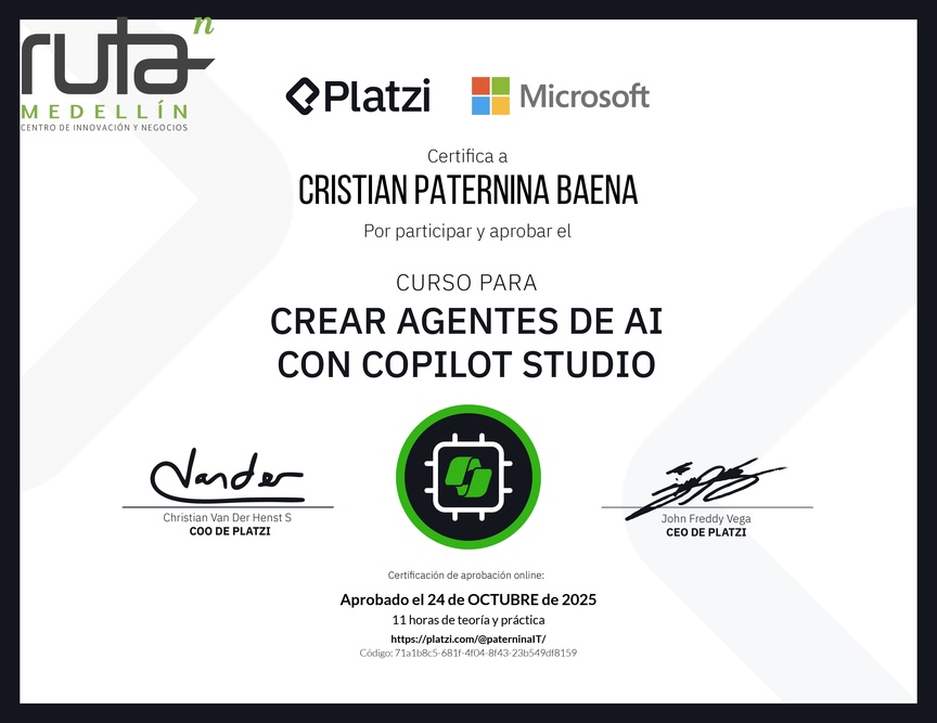 Diploma del Curso Gratis para Crear Agentes de AI con Copilot Studio