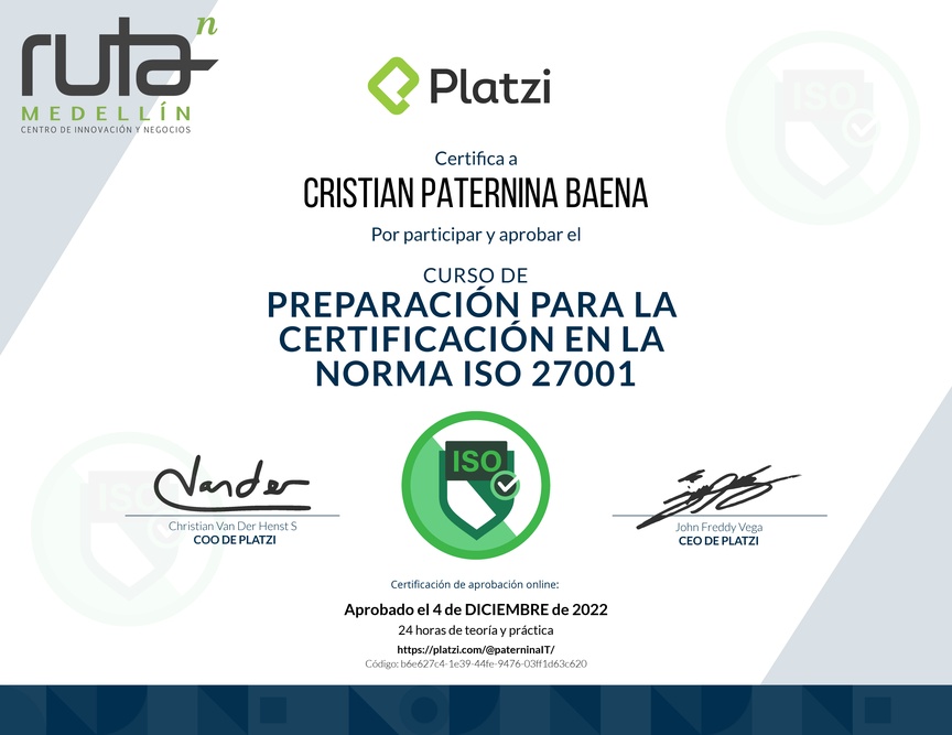 Diploma del Curso de Preparación para la Certificación en la Norma ISO 27001 (2020)