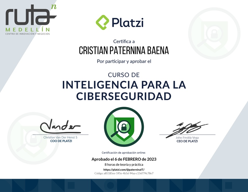 Diploma del Curso de Inteligencia para la Ciberseguridad