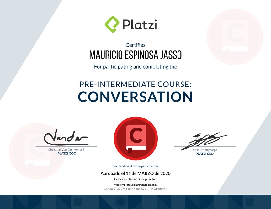 Diploma del Curso de Inglés Práctico: Conversación 2019
