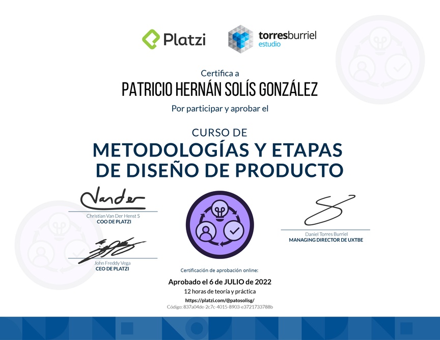 Diploma del Curso de Metodologías de Diseño de Productos Digitales