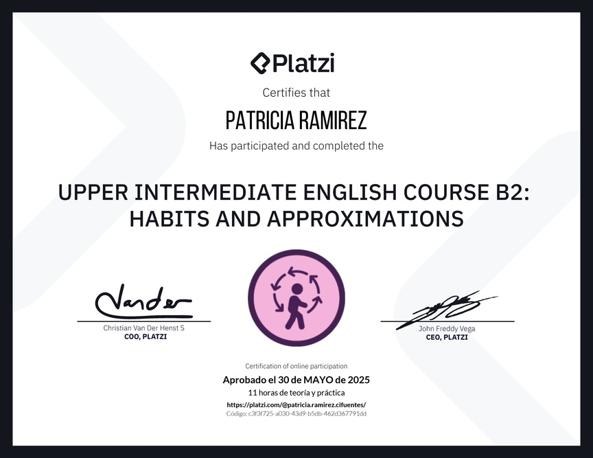 Diploma del Curso de Inglés Intermedio Alto B2: Hábitos y Aproximaciones