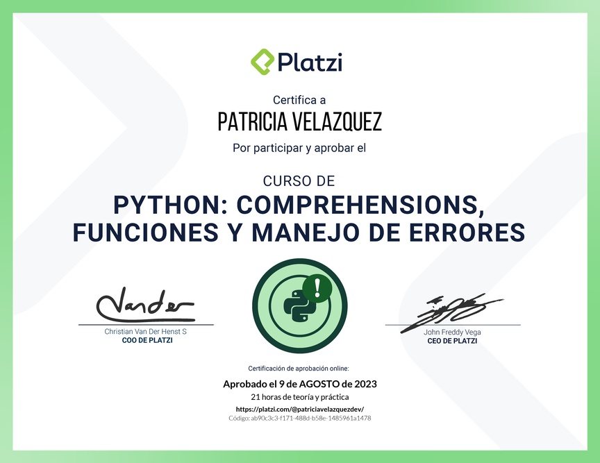 Diploma del Curso de Python: Comprehensions, Funciones y Manejo de Errores