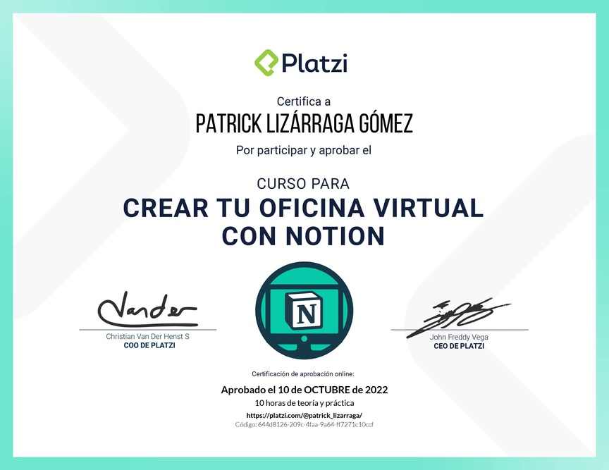 Diploma del Curso para Crear tu Oficina Virtual con Notion