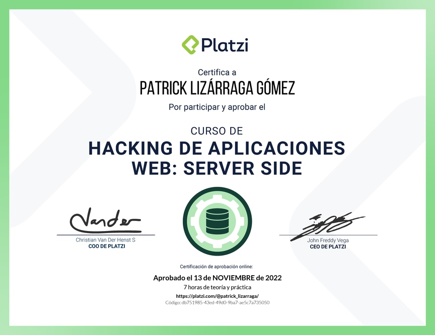 Diploma del Curso de Hacking: Aplicaciones Web Server Side
