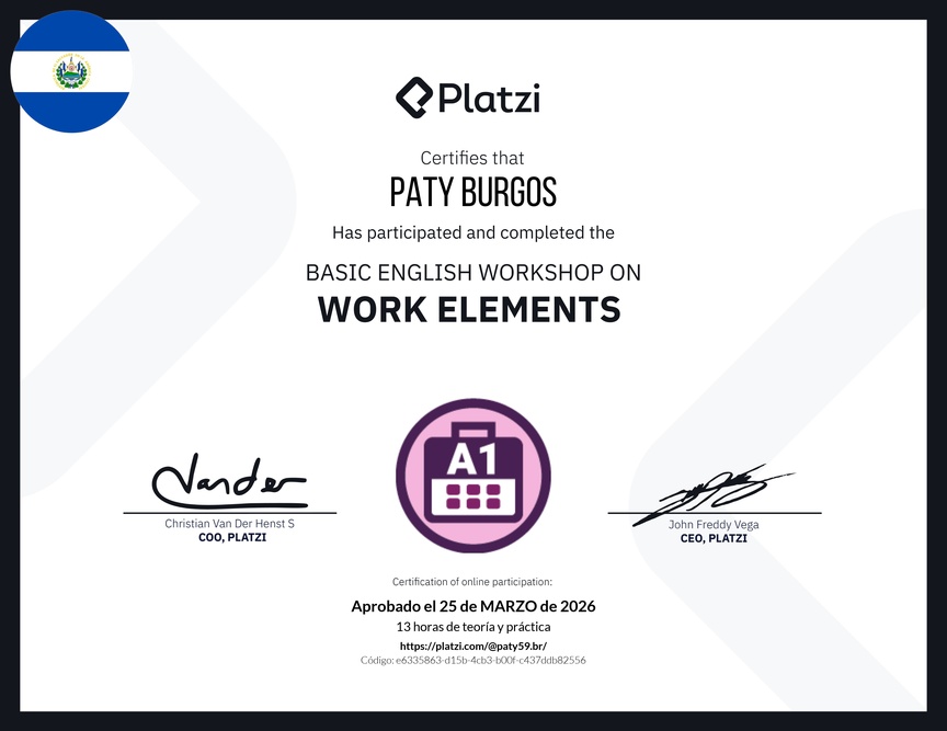 Diploma del Curso de Inglés Práctico sobre Elementos de Trabajo