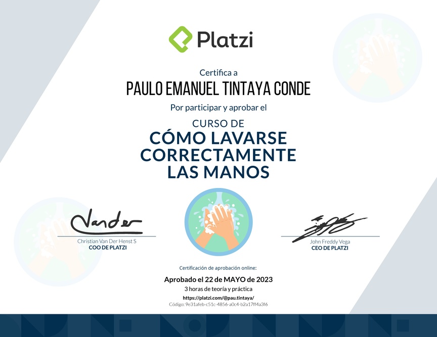 Diploma del Curso para Lavarse las Manos Correctamente