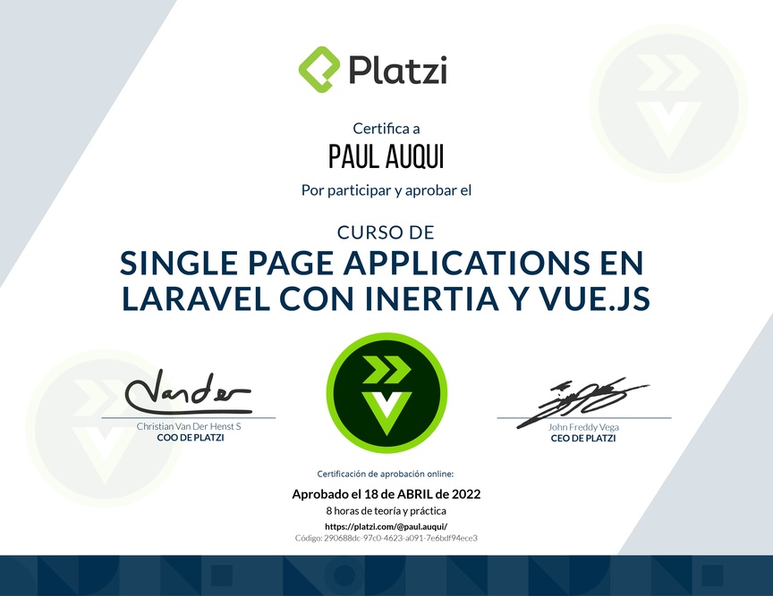 Diploma del Curso de Single Page Applications en Laravel con Inertia y Vue.js