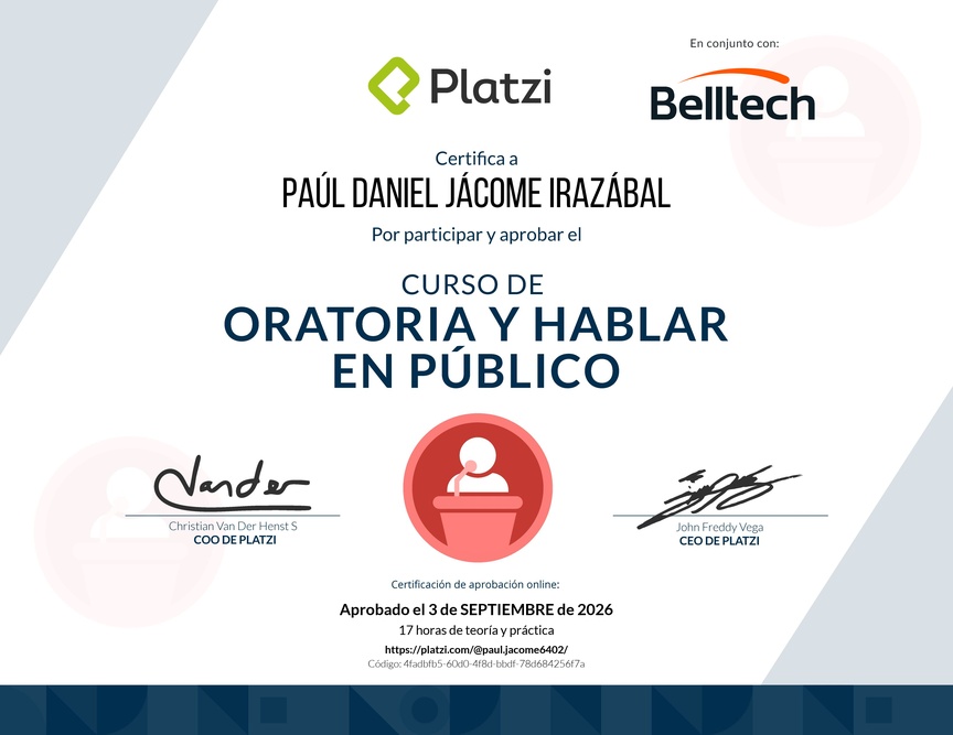 Diploma del Curso de Oratoria para Hablar en Público