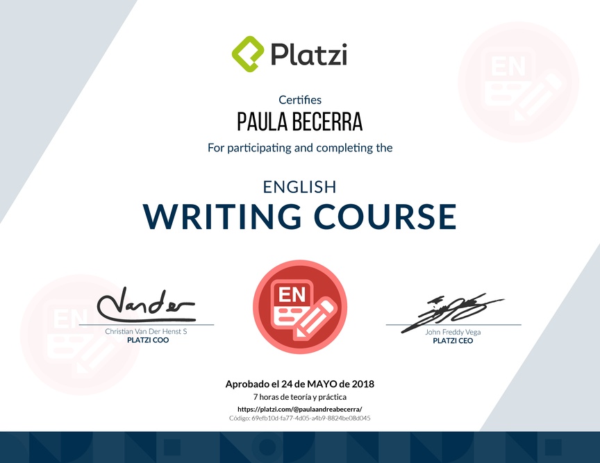 Diploma del Curso de Escritura en Inglés 2018