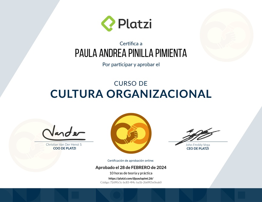 Diploma del Curso de Cultura Organizacional para Diagnosticar y Potenciar el Desarrollo de tu Empresa