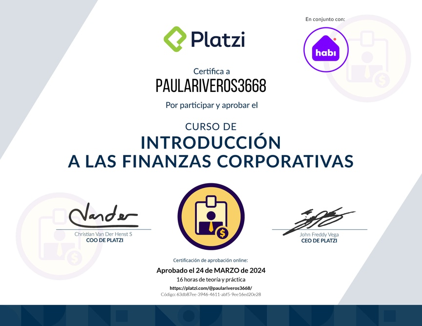 Diploma del Curso de Introducción a las Finanzas Corporativas
