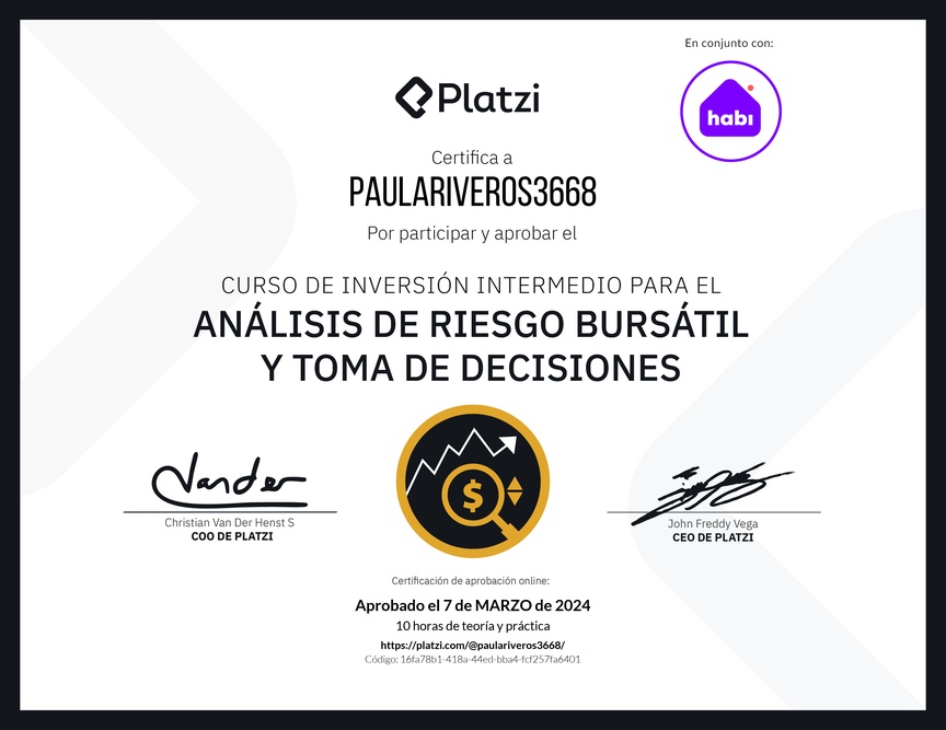 Diploma del Curso de Inversión Intermedio para el Análisis de Riesgo Bursátil y Toma de Decisiones