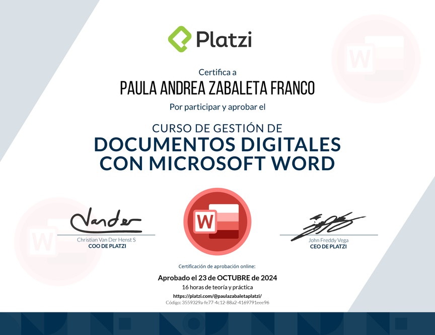 Diploma del Curso de Gestión de Documentos Digitales con Microsoft Word