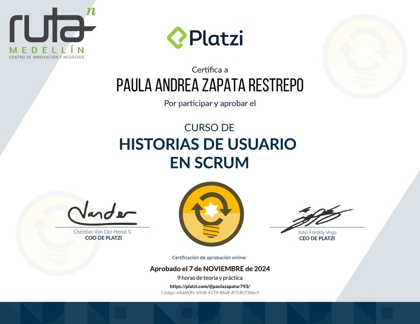 Diploma del Curso de Historias de Usuario en Scrum