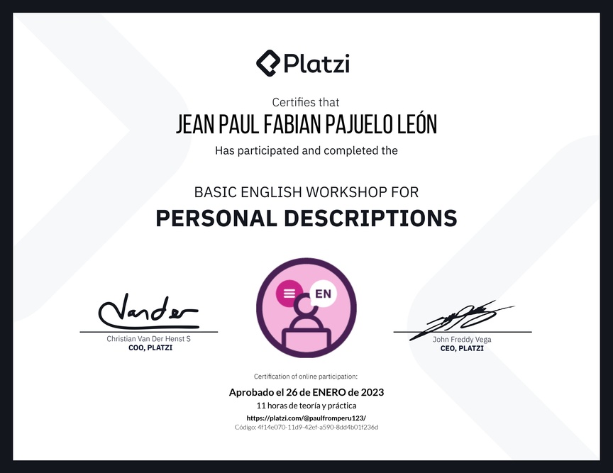Diploma del Curso de Inglés Práctico para Descripciones Personales (2020=