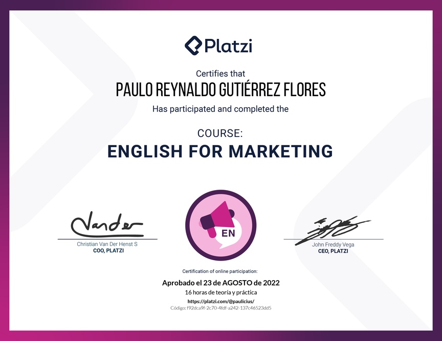 Diploma del Curso para Marketing en Inglés (2020)