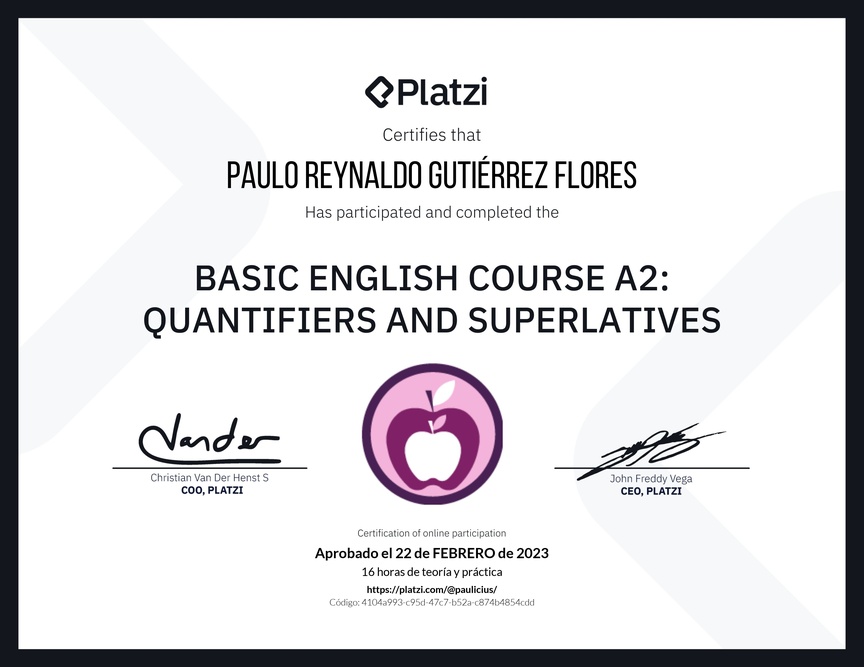 Diploma del Curso de Inglés Básico A2: Cuantificadores y Superlativos