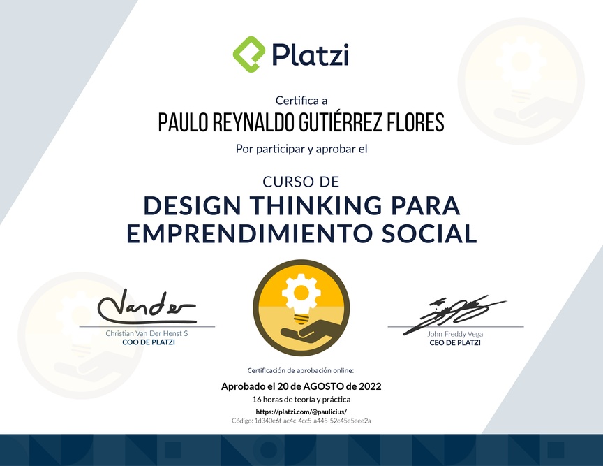 Diploma del Curso de Innovación para Empredimiento Social Usando Design Thinking y MVPs