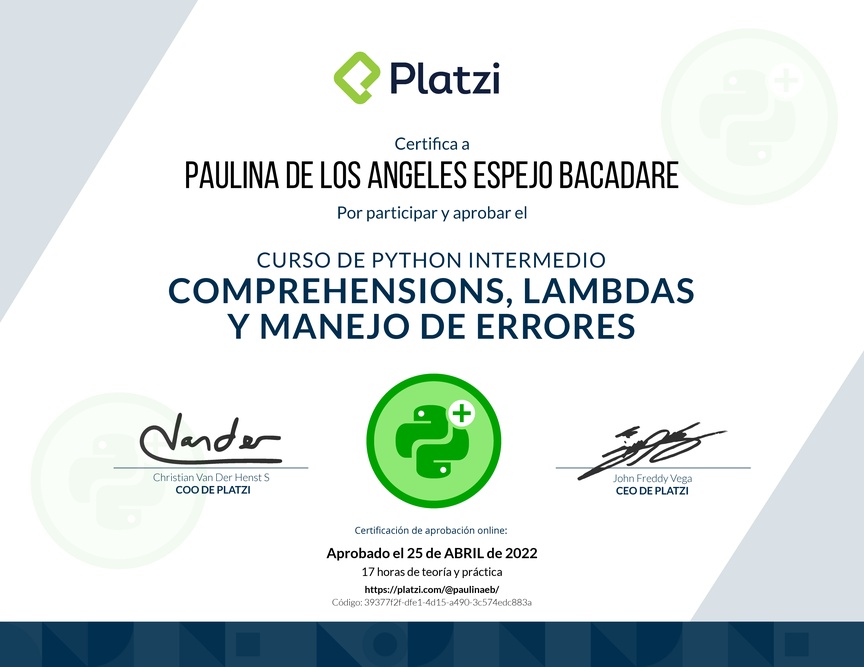 Diploma del Curso de Python Intermedio: Comprehensions, Lambdas y Manejo de Errores