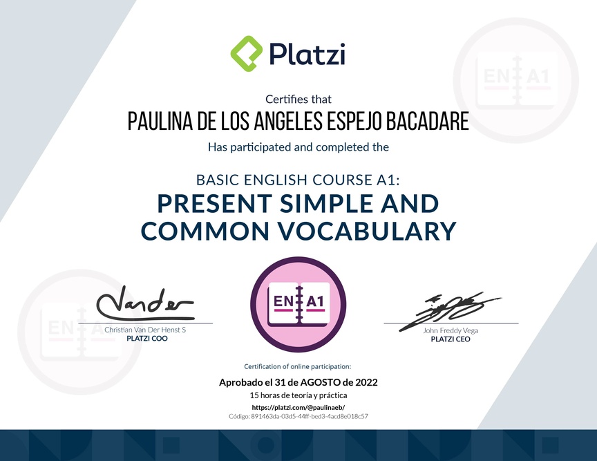Diploma del Curso de Inglés Básico A1: Presente Simple y Vocabulario Común (2021)