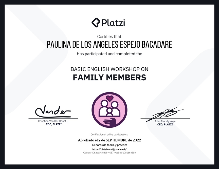 Diploma del Curso de Inglés Práctico sobre los Miembros de la Familia