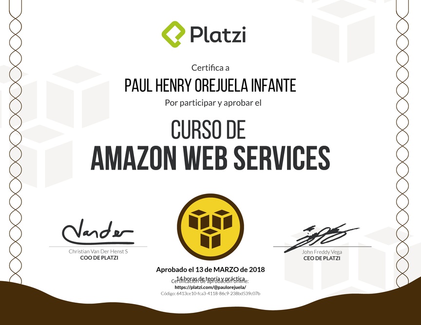 Diploma del Curso de Deploy con Amazon Web Services 2017