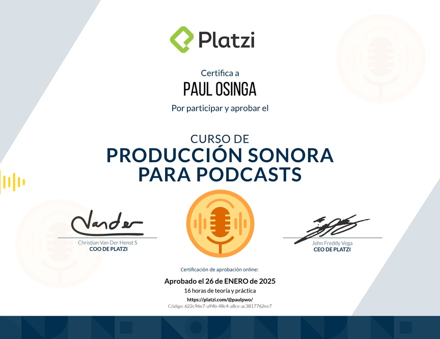 Diploma del Curso de Producción Sonora para Podcasts